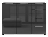 Modernes Sideboard in schwarzem Hochglanz mit drei Türen und drei Schubladen, frontale Ansicht.