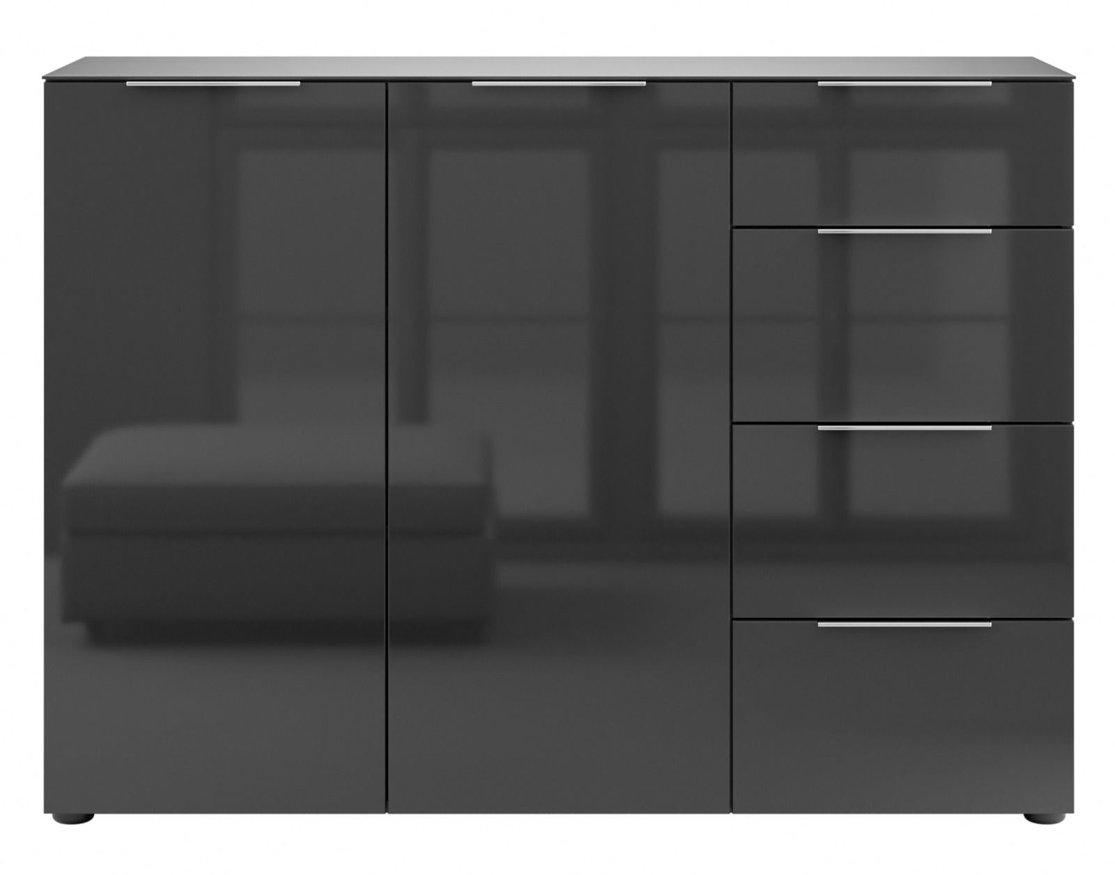 Modernes Sideboard in schwarzem Hochglanz mit drei Türen und drei Schubladen, frontale Ansicht.