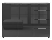 Modernes Sideboard in schwarzem Hochglanz mit drei Türen und drei Schubladen, frontale Ansicht.