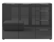 Modernes Sideboard in schwarzem Hochglanz mit drei Türen und drei Schubladen, frontale Ansicht.