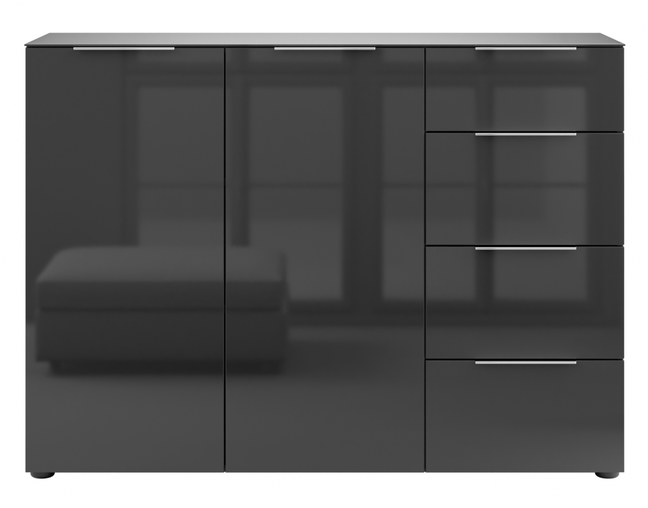 Modernes Sideboard in schwarzem Hochglanz mit drei Türen und drei Schubladen, frontale Ansicht.