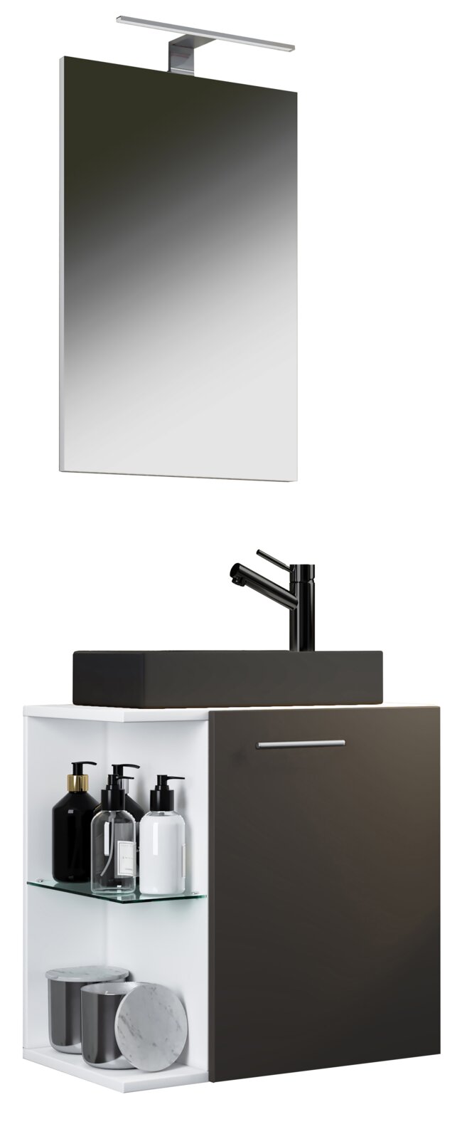 VCM 3-tlg. Gäste Waschplatz HAUSA Modernes Badezimmer-Waschtischset mit rechteckigem Spiegel und schlanker LED-Aufsatzleuchte, schwarzem Aufsatzwaschbecken mit schwarzer Armatur sowie Unterschrank in Dunkelgrau mit offenem Regal und Glaseinlegeboden, freigestellt auf weißem Hintergrund, f
