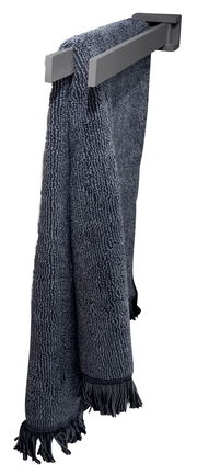 Grauer Handtuchhalter mit einem dunkelgrauen Handtuch, seitliche Perspektive