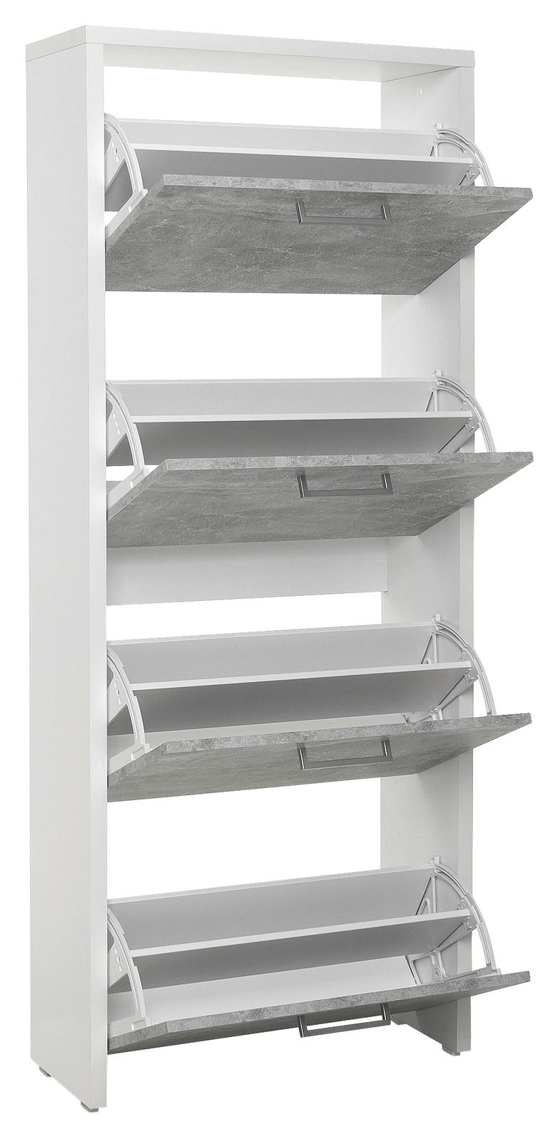 Schuhkipper mit vier Klappen in Weiß und Betonoptik, seitliche Perspektive