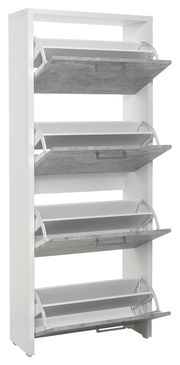 Schuhkipper mit vier Klappen in Weiß und Betonoptik, seitliche Perspektive