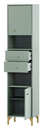 Hochschrank in graugrün mit goldenen Griffen und Beinen, offene Schubladen und Türen, Frontalansicht