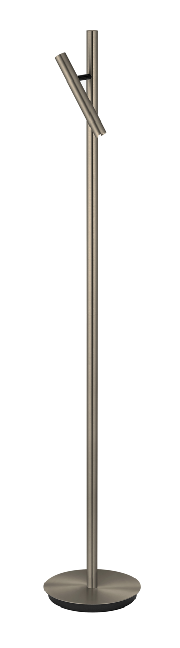 Moderne LED-Steh- und Leseleuchte in gebürstetem Metall, seitliche Perspektive