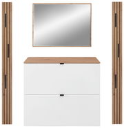 Garderoben-Set in Weiß mit Holzdetails, bestehend aus einem Spiegel, einer Kommode und zwei vertikalen Paneelen, frontale Ansicht