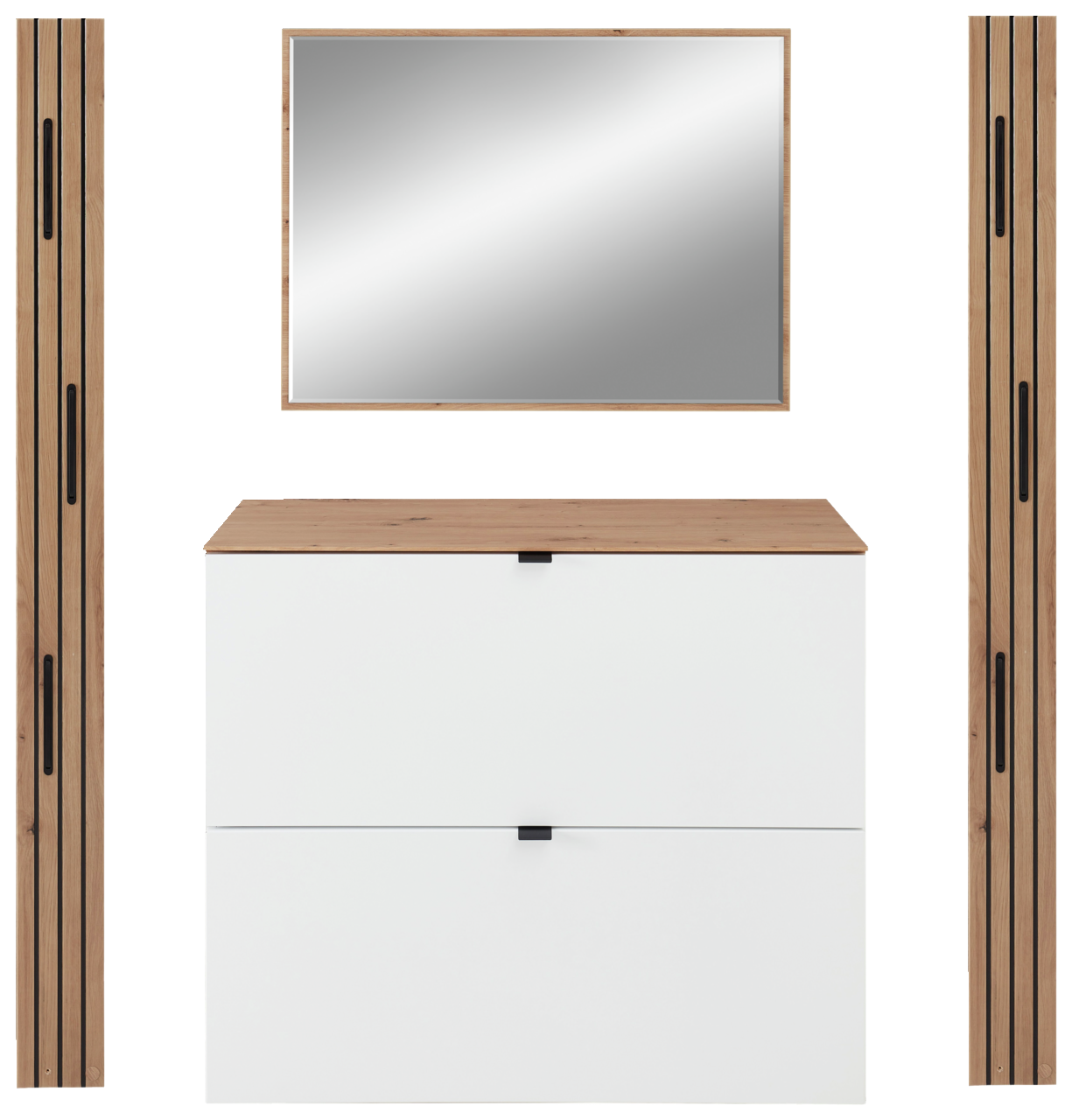 Garderoben-Set in Weiß mit Holzdetails, bestehend aus einem Spiegel, einer Kommode und zwei vertikalen Paneelen, frontale Ansicht