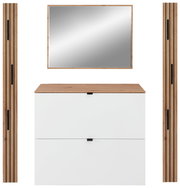 Garderoben-Set in Weiß mit Holzdetails, bestehend aus einem Spiegel, einer Kommode und zwei vertikalen Paneelen, frontale Ansicht