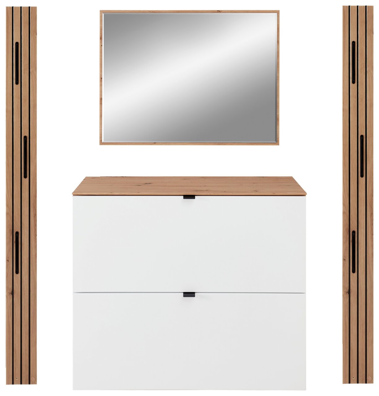 Garderoben-Set in Weiß mit Holzdetails, bestehend aus einem Spiegel, einer Kommode und zwei vertikalen Paneelen, frontale Ansicht