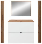 Garderoben-Set in Weiß mit Holzdetails, bestehend aus einem Spiegel, einer Kommode und zwei vertikalen Paneelen, frontale Ansicht