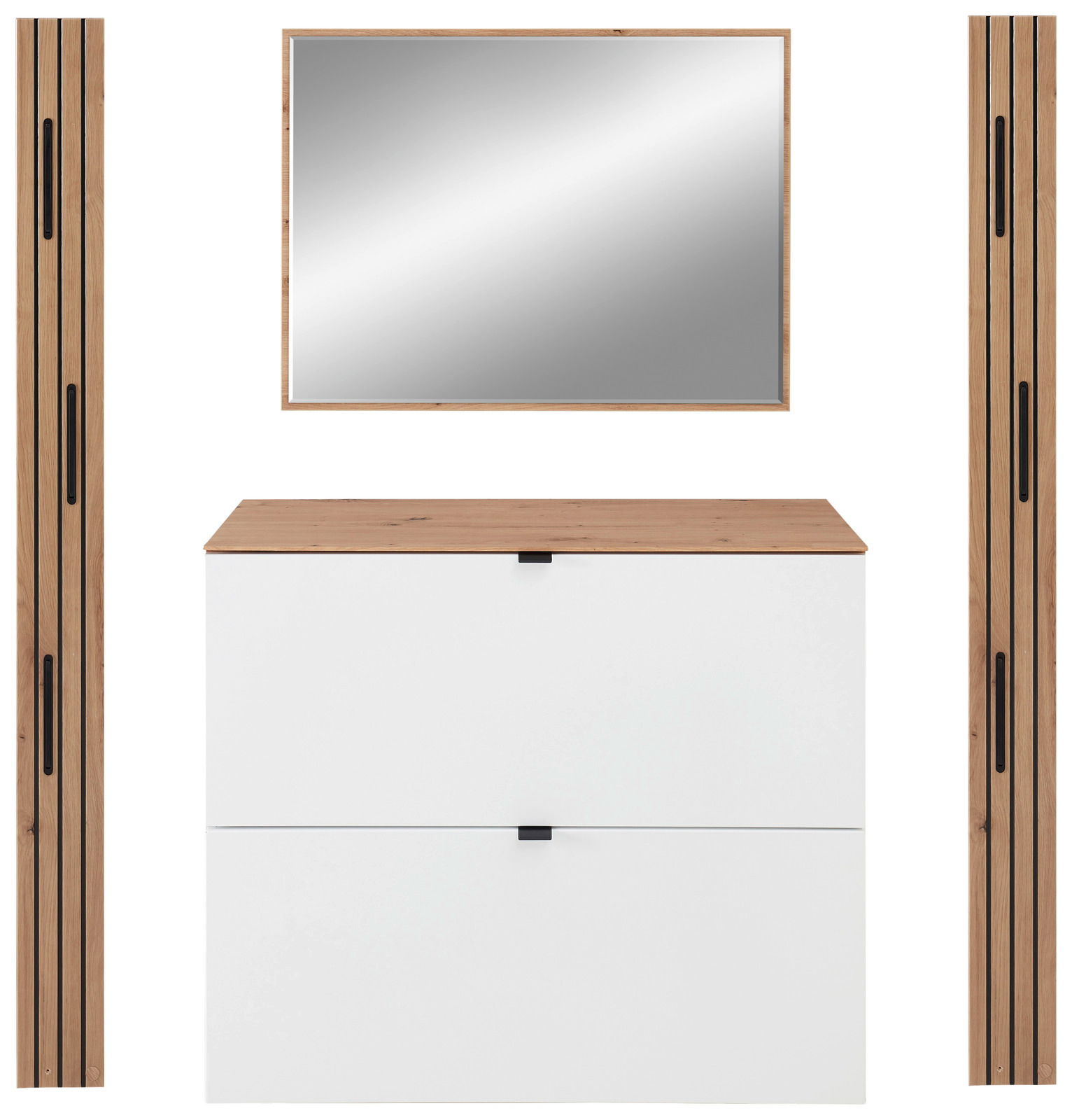 Garderoben-Set in Weiß mit Holzdetails, bestehend aus einem Spiegel, einer Kommode und zwei vertikalen Paneelen, frontale Ansicht
