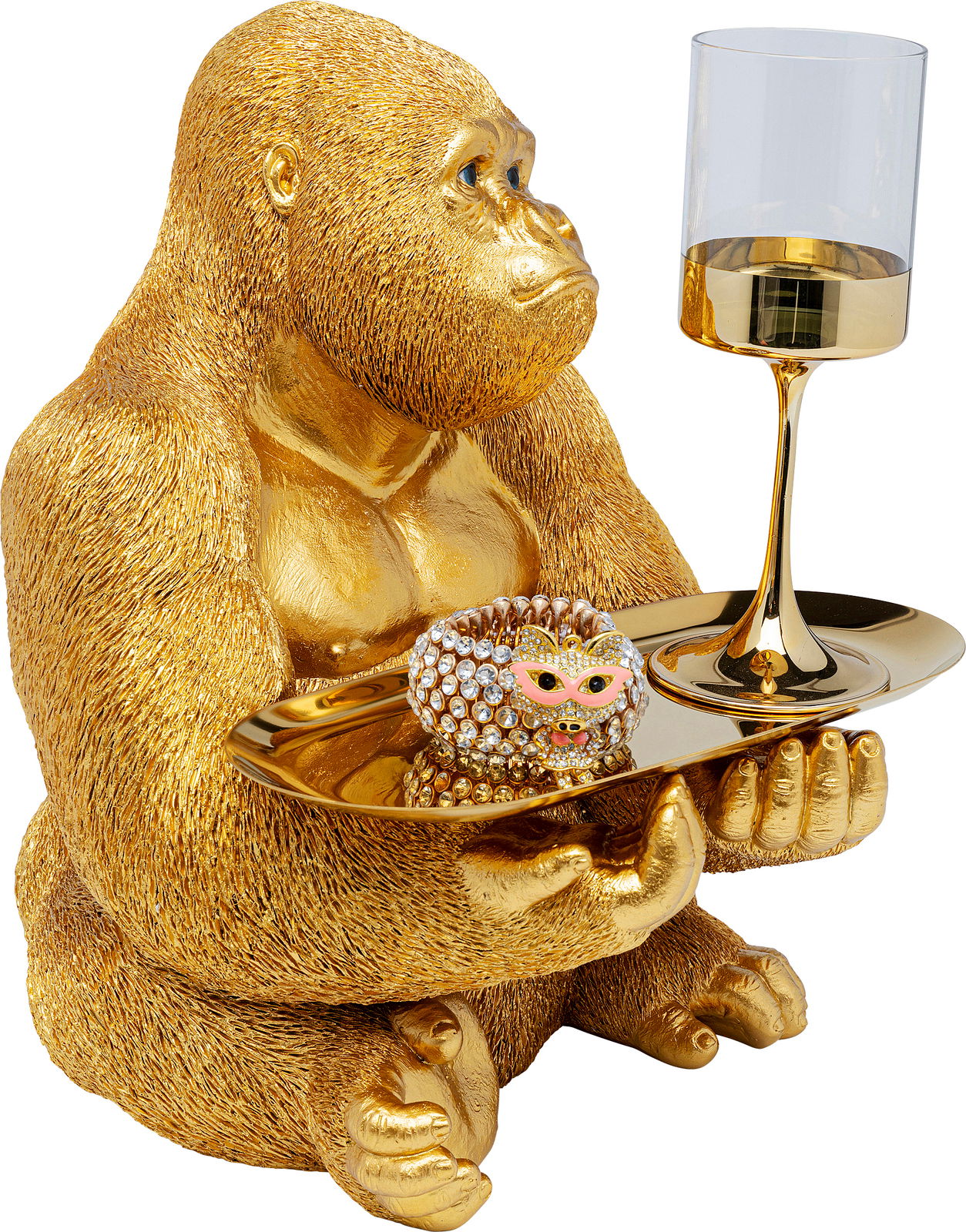 Goldene Gorilla-Dekofigur in Butler-Pose, die ein Tablett mit einem verzierten Glas und einem funkelnden Armband hält, seitliche Perspektive.