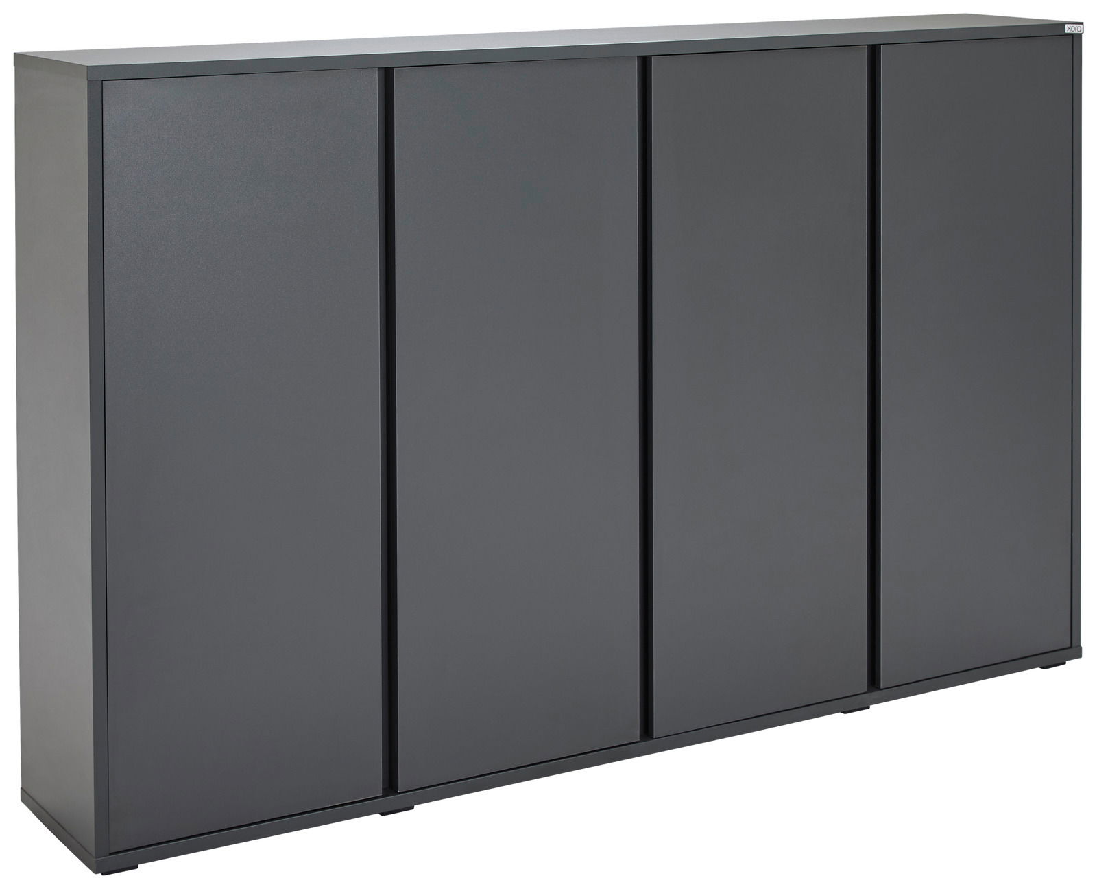 Moderner, grauer Schuhschrank mit vier Türen, seitliche Perspektive