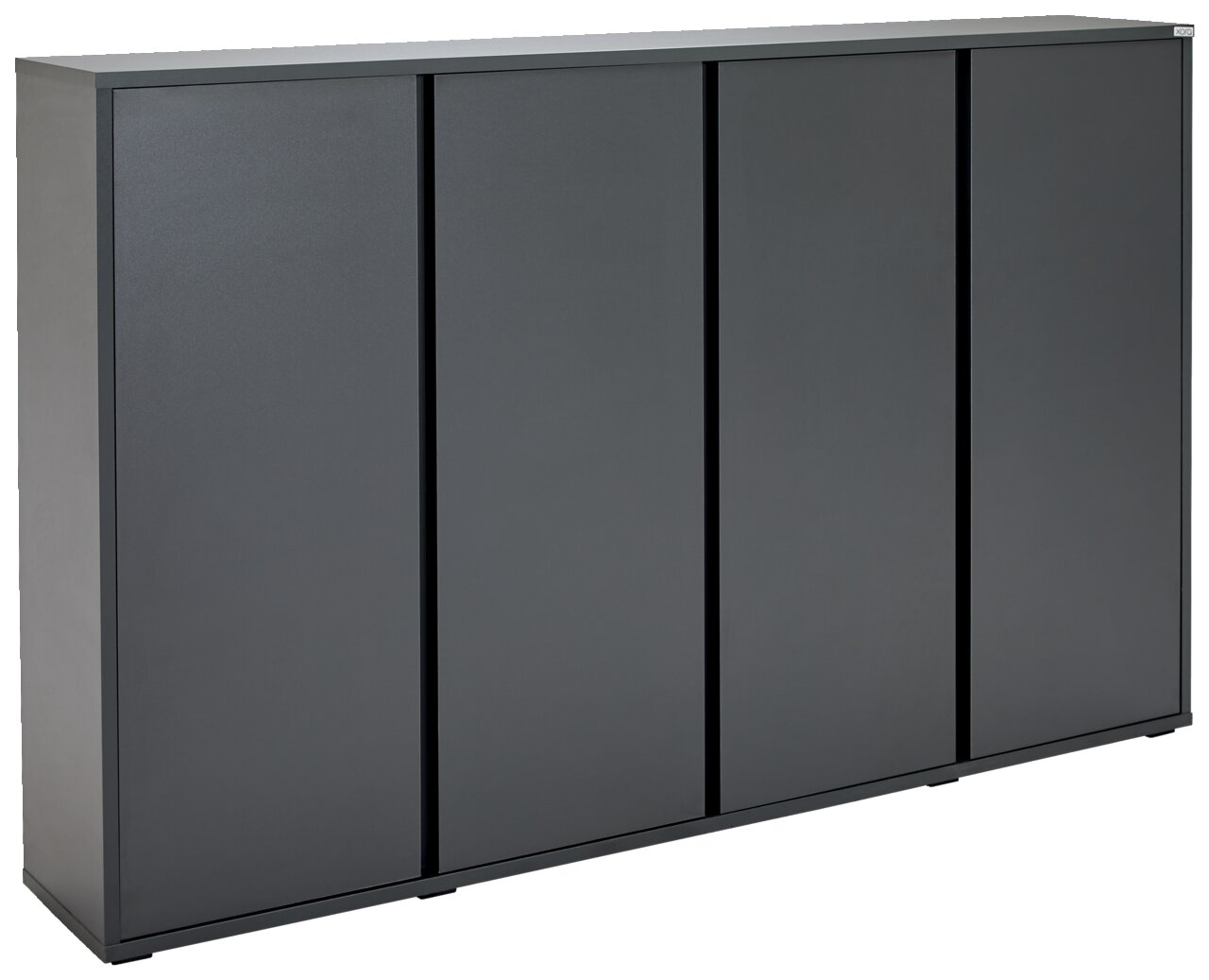 Moderner, grauer Schuhschrank mit vier Türen, seitliche Perspektive