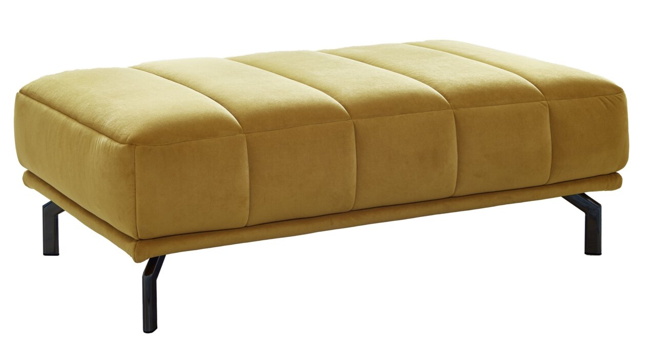 Gelber XXL-Hocker mit schwarzem Metallgestell, seitliche Perspektive
