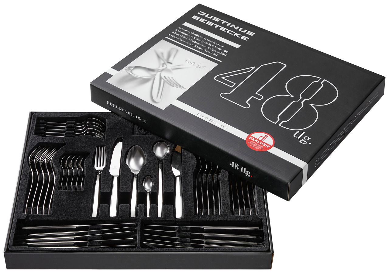 48-teiliges Besteckset aus Edelstahl in geöffneter Verpackung, Perspektive von oben.