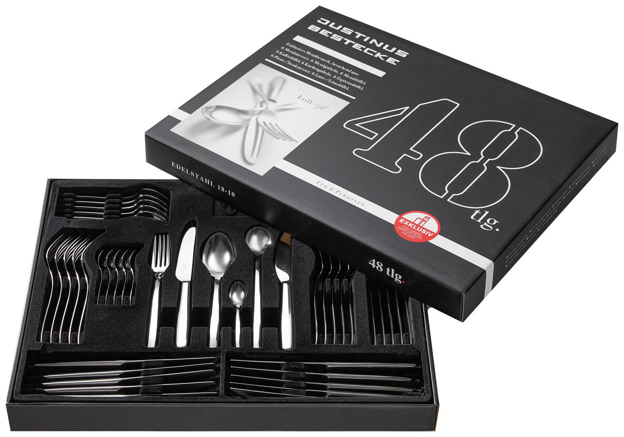 48-teiliges Besteckset aus Edelstahl in geöffneter Verpackung, Perspektive von oben.