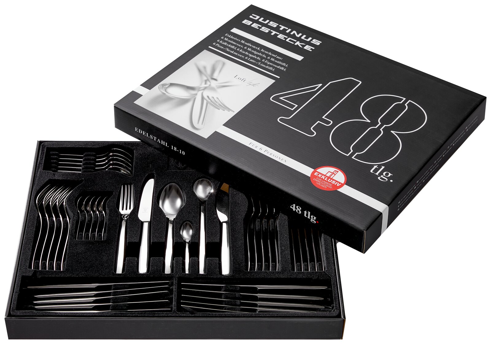 48-teiliges Besteckset aus Edelstahl in geöffneter Verpackung, Perspektive von oben.