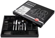 48-teiliges Besteckset aus Edelstahl in geöffneter Verpackung, Perspektive von oben.