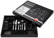48-teiliges Besteckset aus Edelstahl in geöffneter Verpackung, Perspektive von oben.