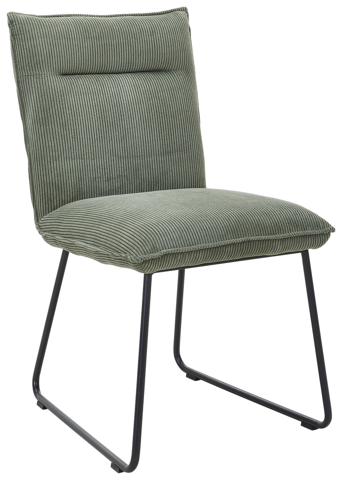 Johann Jakob Stuhl CALAS Grüner Stuhl mit geripptem Stoffbezug und schwarzem Metallgestell, seitliche Perspektive