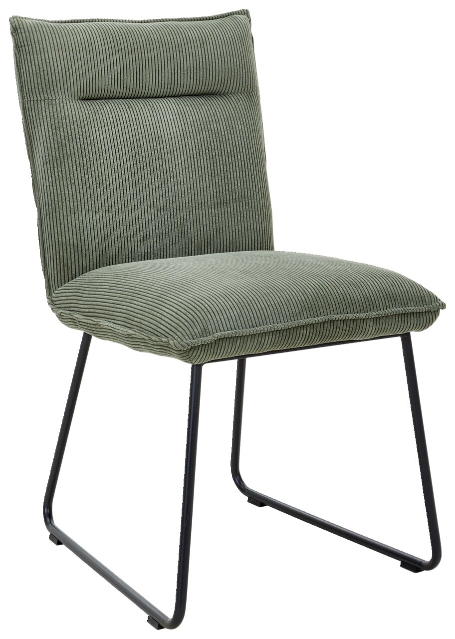 Johann Jakob Stuhl CALAS Grüner Stuhl mit geripptem Stoffbezug und schwarzem Metallgestell, seitliche Perspektive