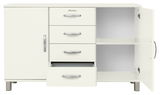 Weißes Sideboard mit drei Schubladen und einem offenen Schrankfach, Frontansicht