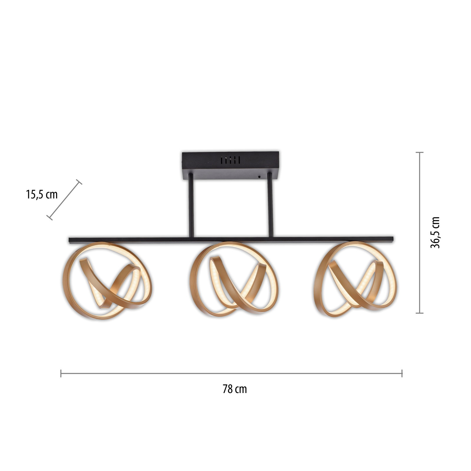 Moderne Deckenleuchte mit drei ineinander verschlungenen LED-Ringen, seitliche Perspektive.