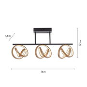 Moderne Deckenleuchte mit drei ineinander verschlungenen LED-Ringen, seitliche Perspektive.