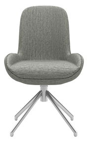 Moderner grauer Stuhl mit gepolsterter Sitzfläche und Rückenlehne, auf einem stabilen Metallgestell, Frontalansicht.