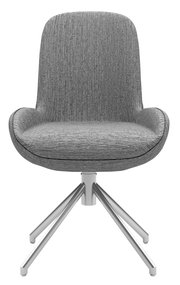 Moderner grauer Stuhl mit gepolsterter Sitzfläche und Rückenlehne, auf einem stabilen Metallgestell, Frontalansicht.