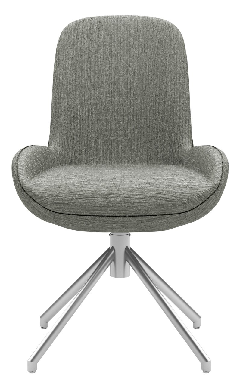 Moderner grauer Stuhl mit gepolsterter Sitzfläche und Rückenlehne, auf einem stabilen Metallgestell, Frontalansicht.