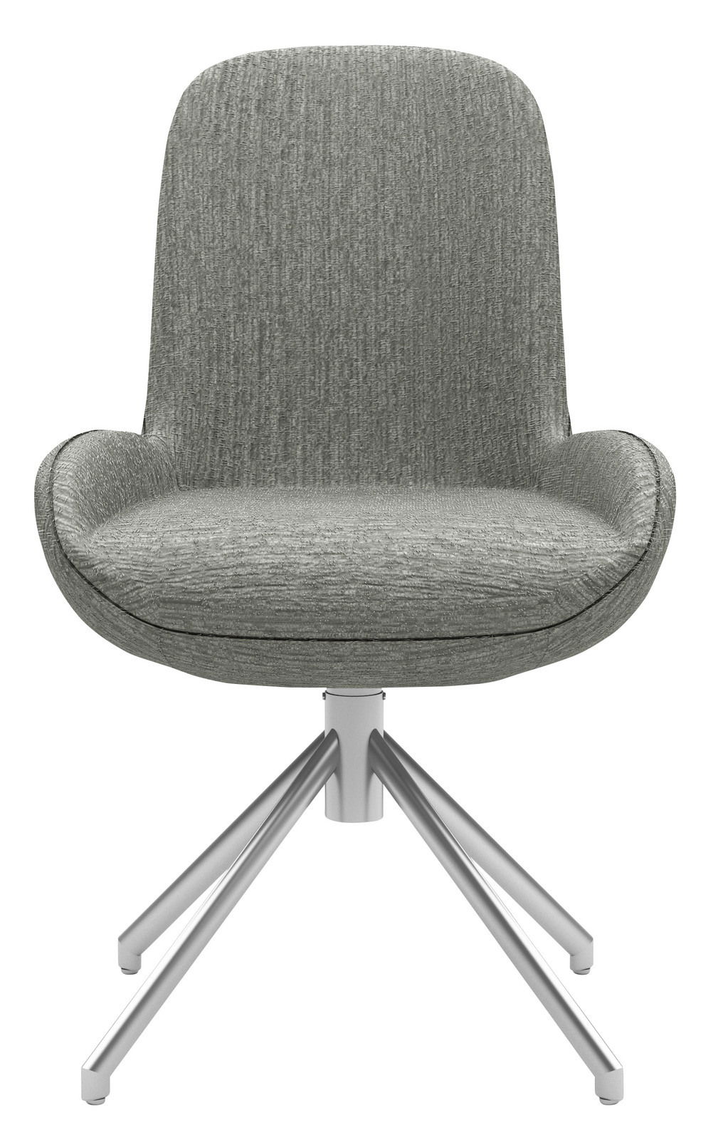 Moderner grauer Stuhl mit gepolsterter Sitzfläche und Rückenlehne, auf einem stabilen Metallgestell, Frontalansicht.