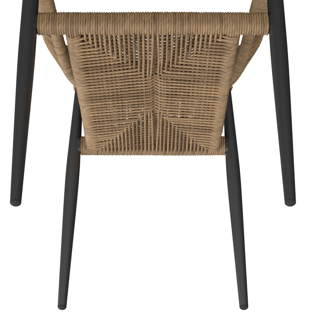 Ansicht von oben auf einen Stapelsessel mit geflochtener Sitzfläche und schwarzen Beinen.