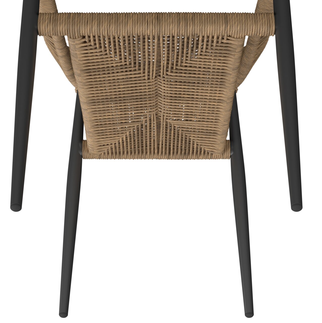 Ansicht von oben auf einen Stapelsessel mit geflochtener Sitzfläche und schwarzen Beinen.