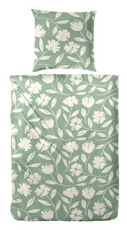 Bettwäsche-Set in Grün mit weißem Blumenmuster, Draufsicht