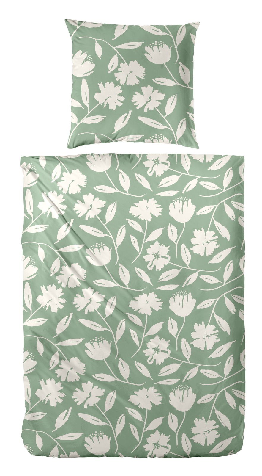 Bettwäsche-Set in Grün mit weißem Blumenmuster, Draufsicht