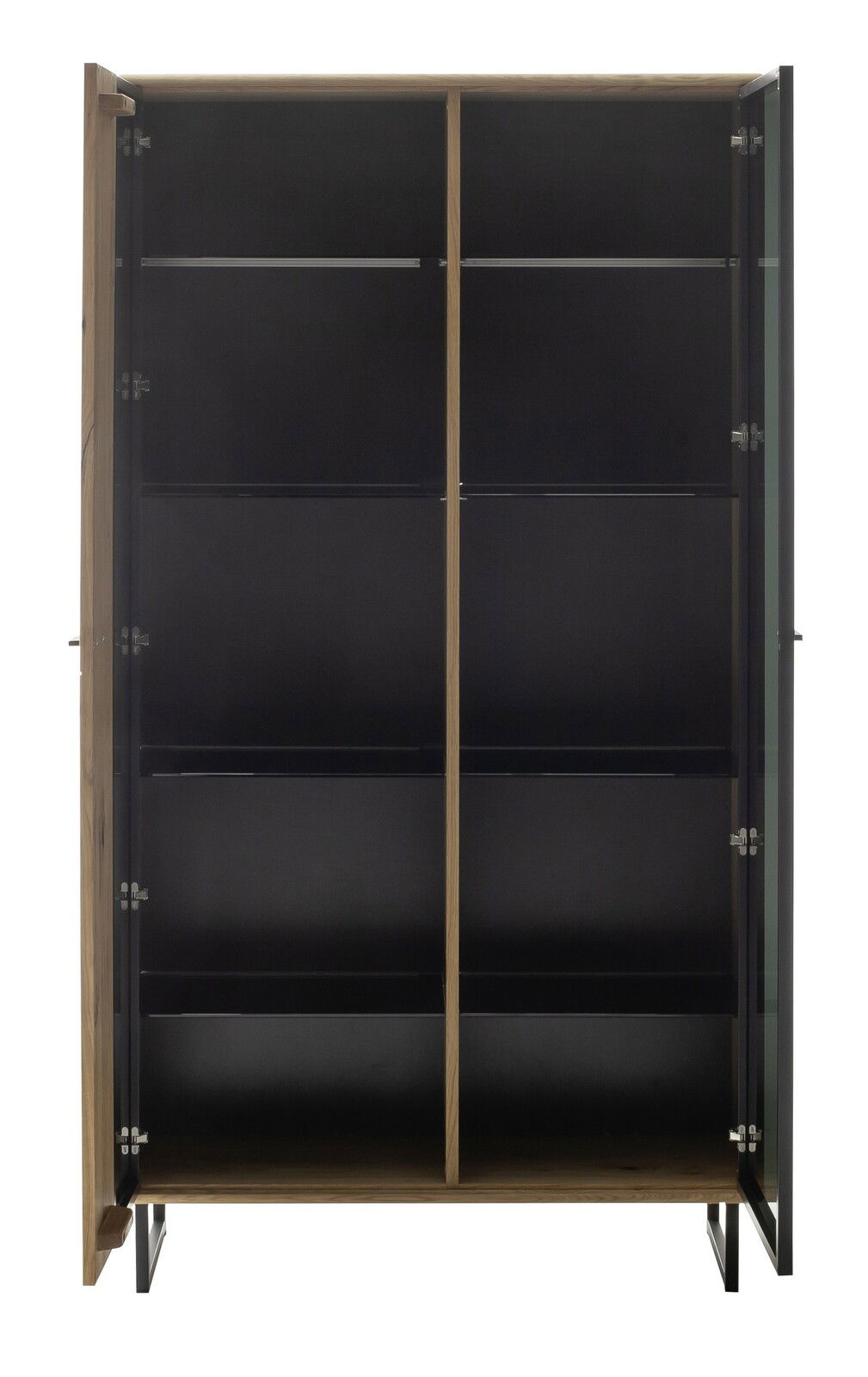 Geöffnete Vitrine mit schwarzem Innenraum und Holzkanten, frontal betrachtet.