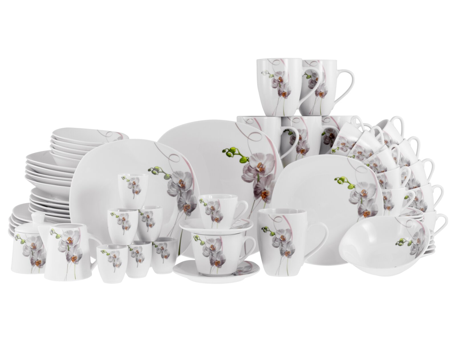 Creatable Kombiservice 62-tlg SQUARE Weißes Porzellan-Geschirrset mit Orchideen-Blütenmotiv, Teller, Tassen, Becher und Schalen im Studio-Produktfoto aus leicht schräger Vorderansicht.