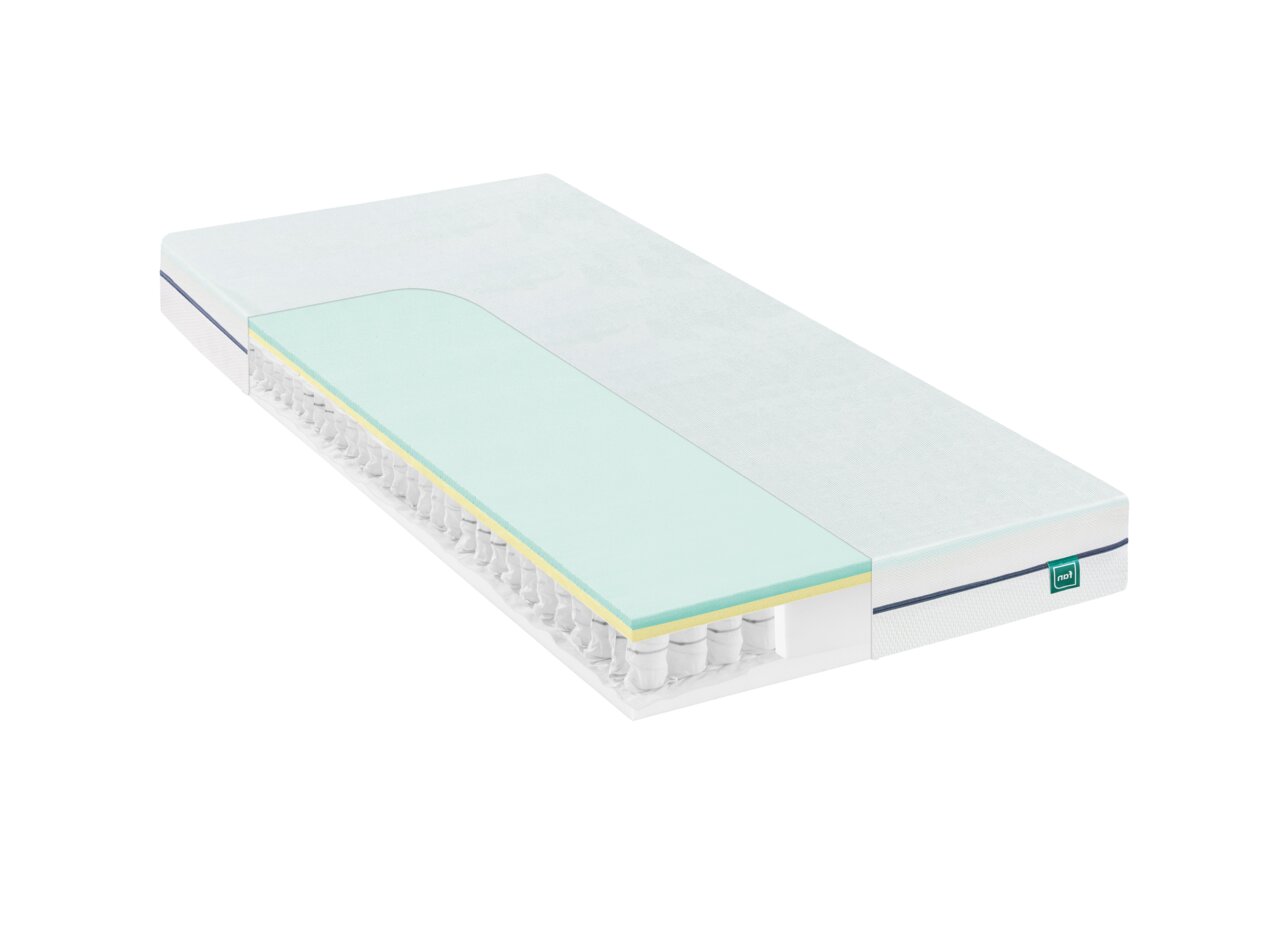 Querschnitt einer Tonnentaschenfederkernmatratze mit sichtbaren Schichten und Federn, perspektivisch von der Seite dargestellt.