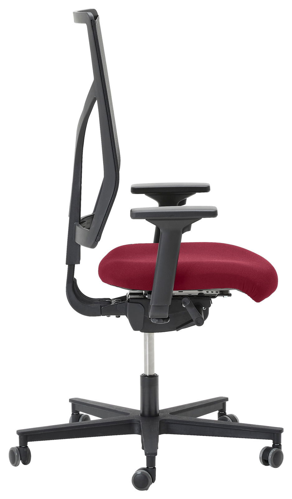 Moderner Drehstuhl mit rotem Sitzpolster, Seitenansicht