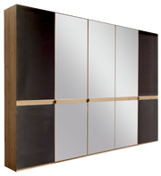 5-türiger Drehtürenschrank aus Holz mit Spiegeln, seitliche Perspektive