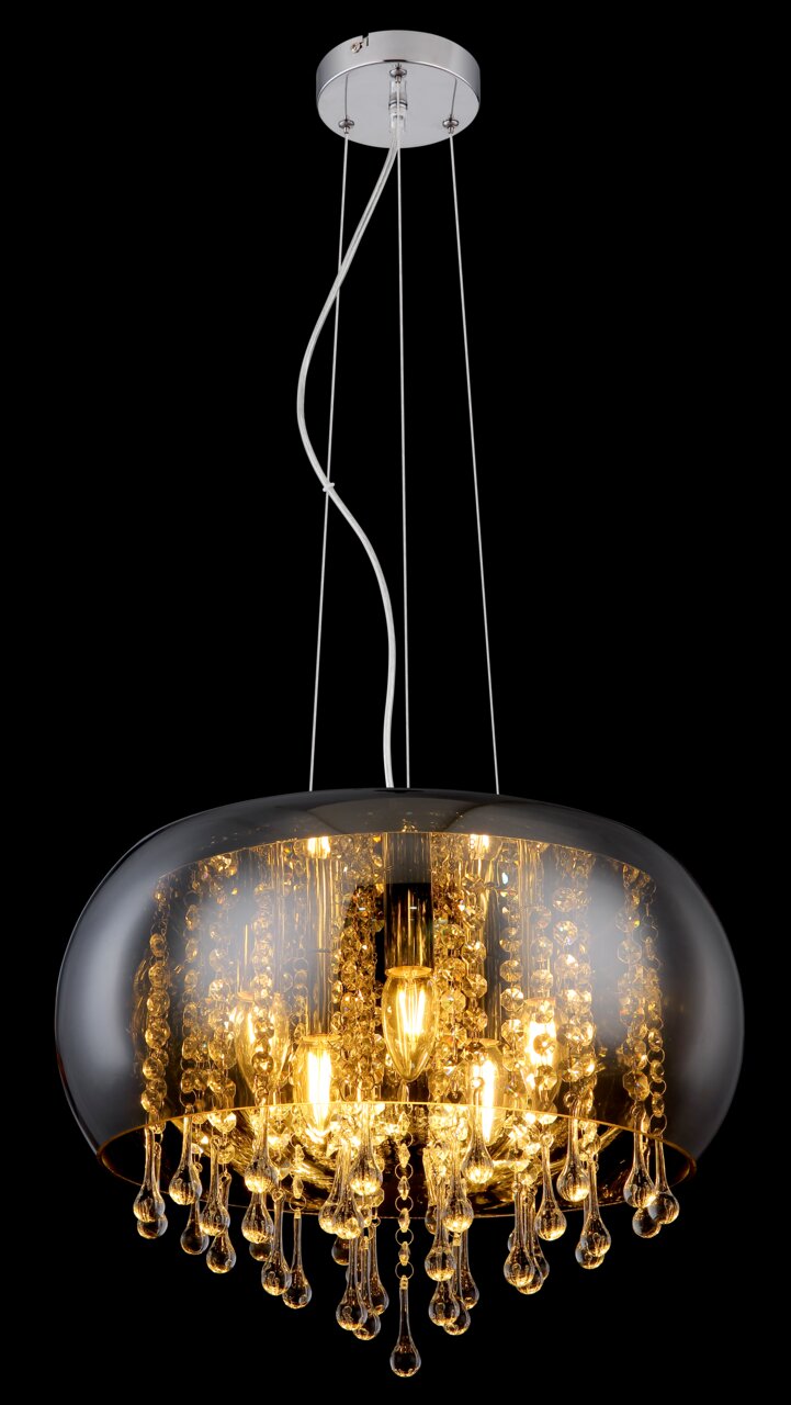 Elegante Hängeleuchte mit Kristallanhängern, seitliche Perspektive