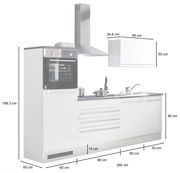 Küchenblock 260 cm ohne Elektrogeräte, Seitenansicht mit Schränken, Arbeitsplatte und Spüle, Maße angegeben.