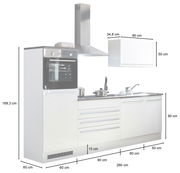 Küchenblock 260 cm ohne Elektrogeräte, Seitenansicht mit Schränken, Arbeitsplatte und Spüle, Maße angegeben.