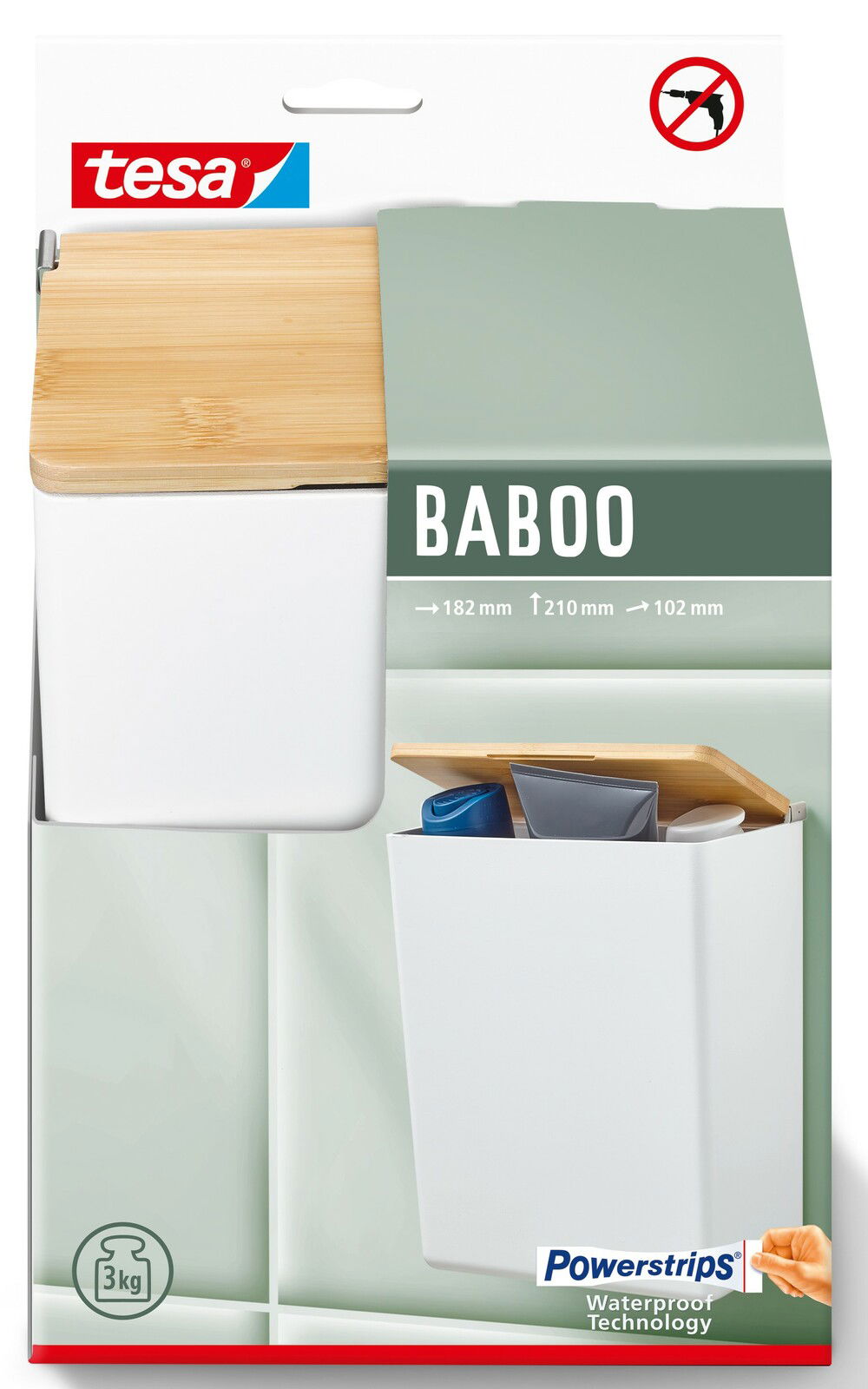 Baboo Aufbewahrungsbox Box L mit Bambusdeckel, seitliche Perspektive, geeignet für Badezimmer, 182x210x102 mm, ohne Bohren montierbar, bis 3 kg belastbar.
