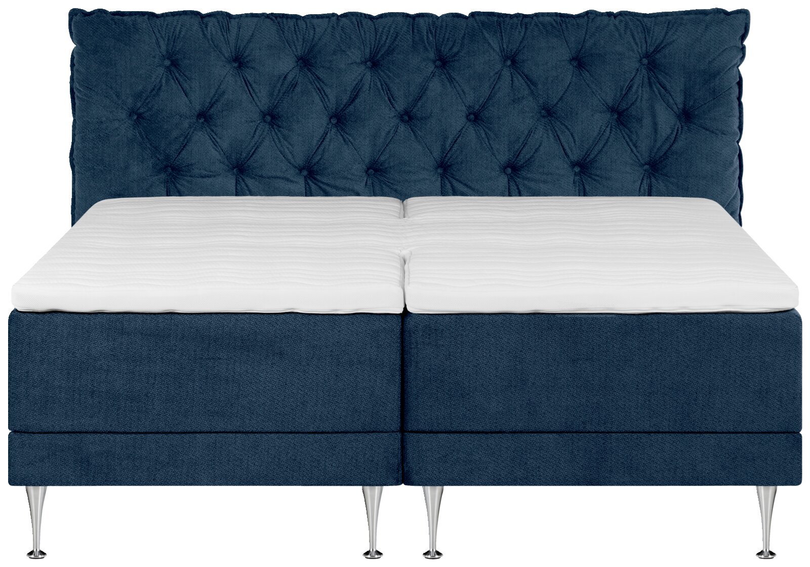 Dunkelblaues Boxspringbett mit gepolstertem, rautenförmig geknöpftem Kopfteil und weißer Matratzenauflage, Frontansicht auf weißem Hintergrund