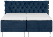 Dunkelblaues Boxspringbett mit gepolstertem, rautenförmig geknöpftem Kopfteil und weißer Matratzenauflage, Frontansicht auf weißem Hintergrund